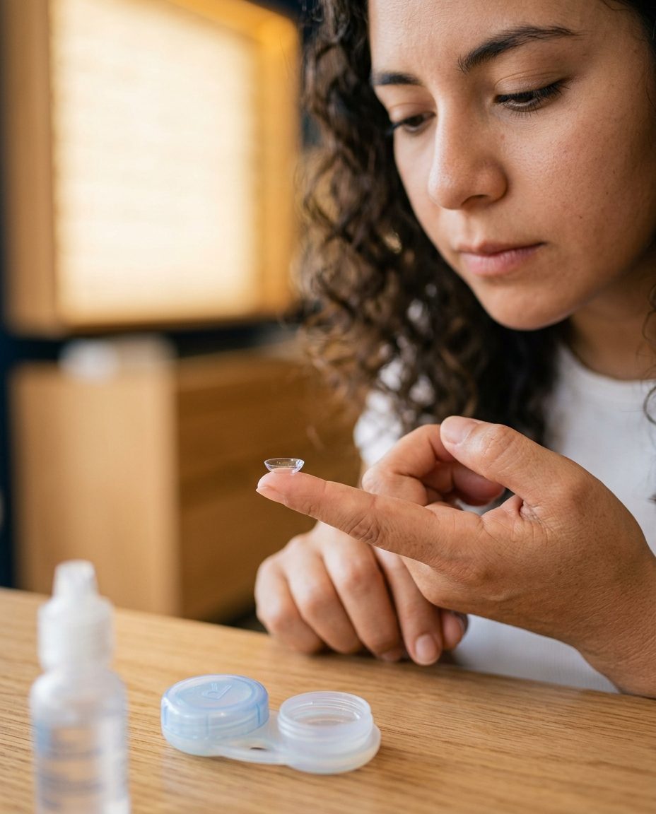 Mujer sosteniendo un lente de contacto en la yema del dedo junto a su estuche