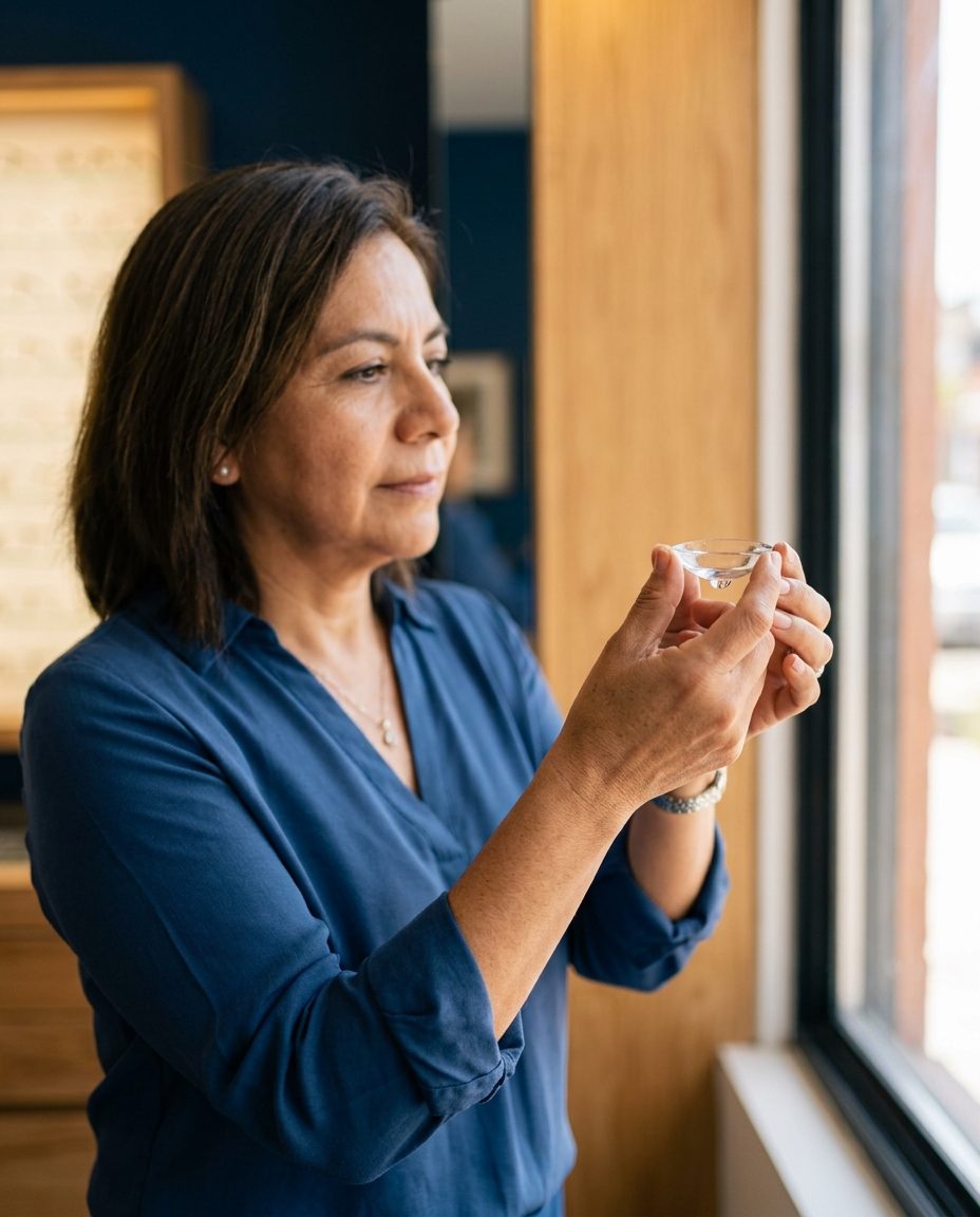 Mujer sosteniendo un lente escleral a contraluz de la ventana
