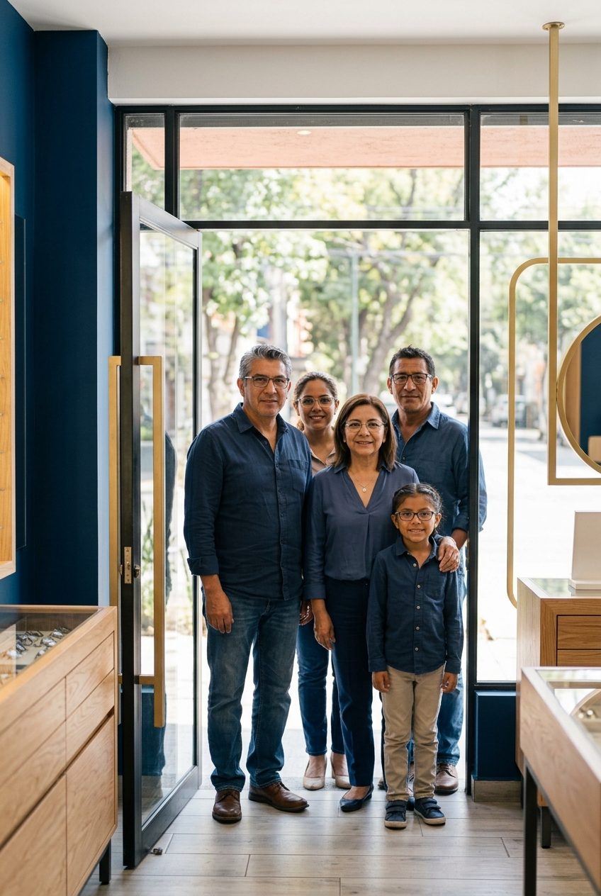 Familia de tres generaciones con lentes en la entrada de Atelier Visual